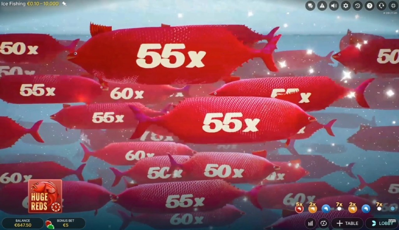 Ice Fishing Huge Reds underwater bonus round with multiplier fish