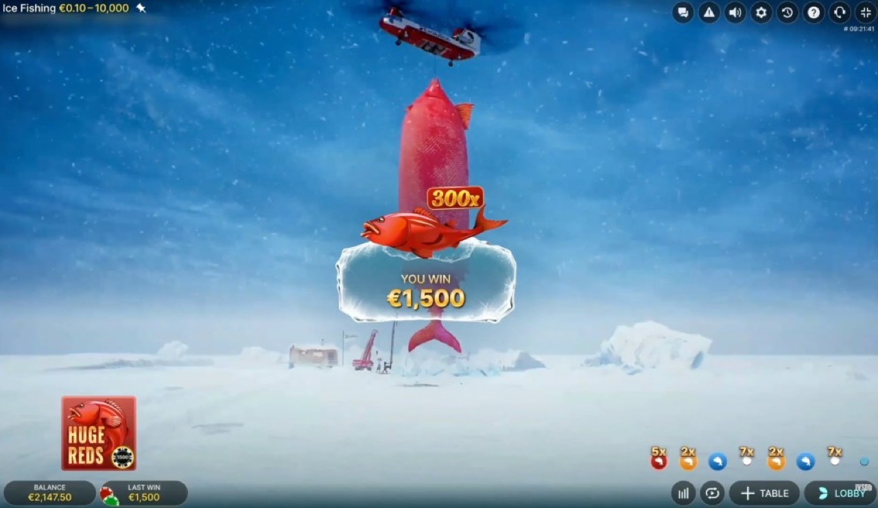 Ice Fishing Huge Reds win moment with 300x multiplier and prize message
