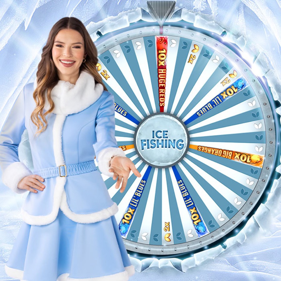 Ice Fishing live casino game host with vertical prize wheel in Arctic studio